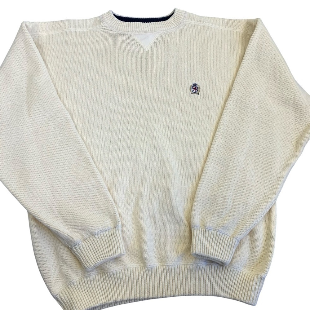 TOMMY HILFIGER Vintage 90s Butter Yellow Knit Crewneck Sweater Crest Cotton XL - Picture 5 of 16
